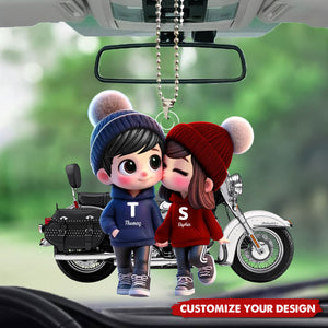 Cute Cartoon Couple With Motorcycle - Personalized Acrylic Ornament, Valentine's Day Gift For Him, For Her