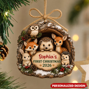 Baby First Christmas Woodland Animal - Personalized Wooden Ornament
