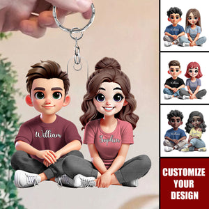 Couple Sitting Together And Smiling - Personalized Acrylic Keychain