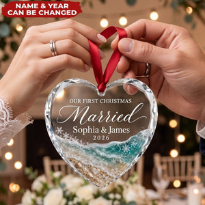 Our First Christmas Married - Personalized Glass Heart Ornament