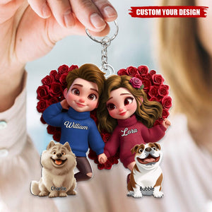 Cute Couple Holding Hands Surrounded By Roses With Dog Personalized Acrylic Keychain