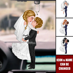 Groom & Bride Hugging Kissing Couple Acrylic Car Ornament, Anniversary Valentine Wedding Gift For Her For Him