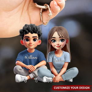 Couple Sitting Together And Smiling - Personalized Acrylic Keychain