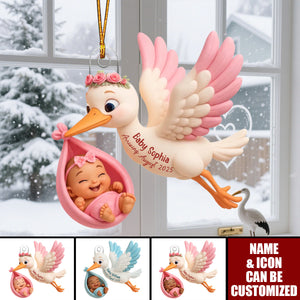 Cute Stork And Baby Personalized Acrylic Ornament, Heartfelt First Gift for Pregnant Mom
