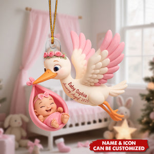 Cute Stork And Baby Personalized Acrylic Ornament, Heartfelt First Gift for Pregnant Mom