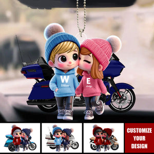 Cute Cartoon Couple With Motorcycle - Personalized Acrylic Ornament, Valentine's Day Gift For Him, For Her