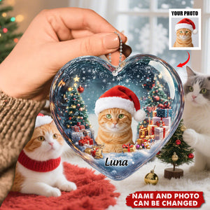 Upload Photo Dog Cat Festive Feline Christmas Magic In A Heart - Personalized Acrylic Flat Ornament