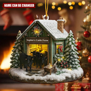 Personalized Farmhouse Christmas Barn and Cattle - Personalized Wooden Ornament
