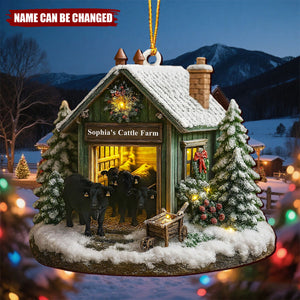 Personalized Farmhouse Christmas Barn and Cattle - Personalized Wooden Ornament