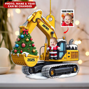 Personalized Xmas Excavator Construction Backhoe Kid Photo Ornament, Gift For Kids
