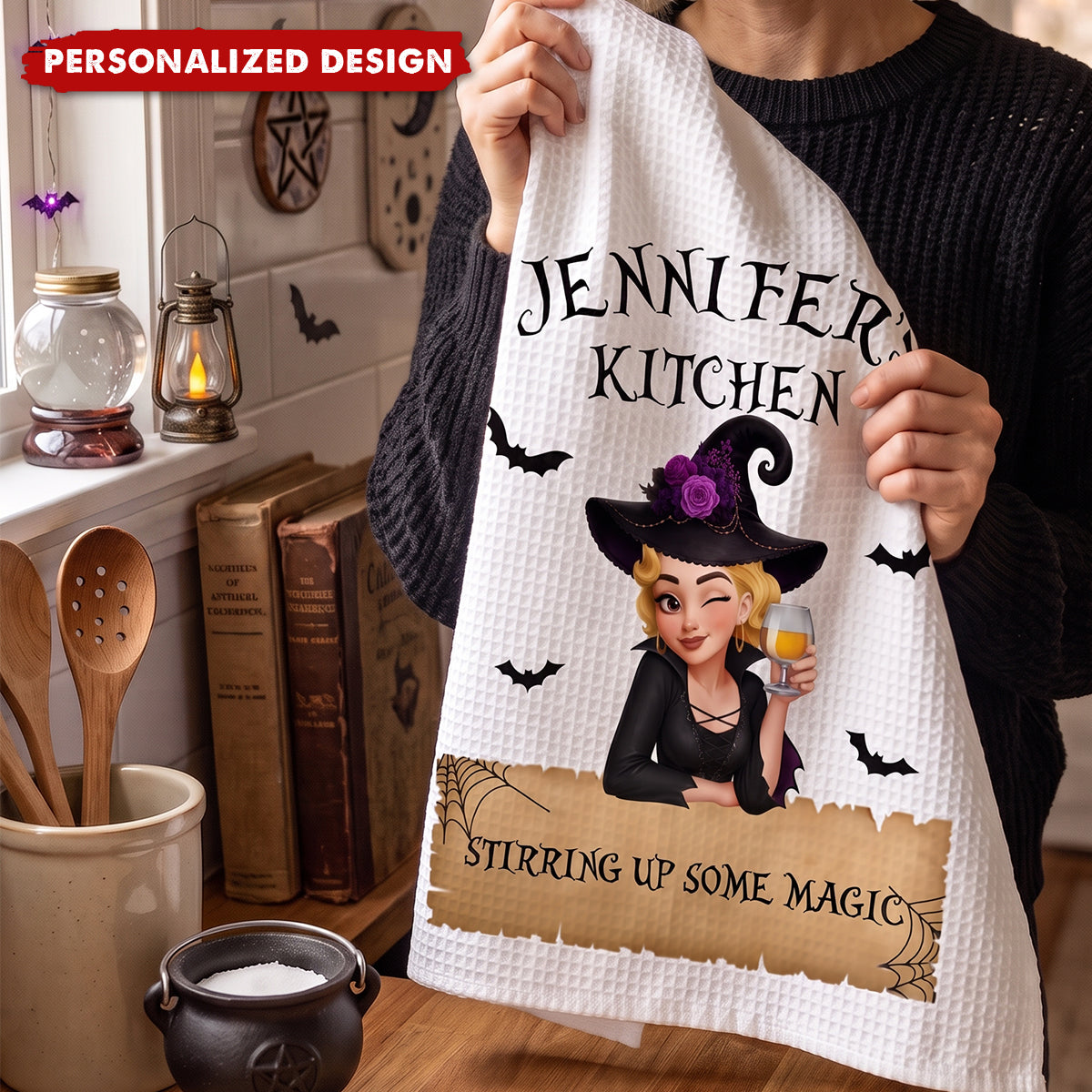 Wickedly Delicious Witch Kitchen Stirring Up Some Magic - Personalized Kitchen Towel