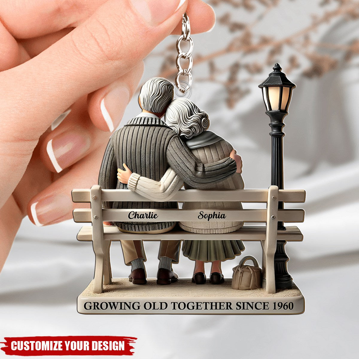 Old Couple Sitting On Bench At The Park Personalized Acrylic Keychain