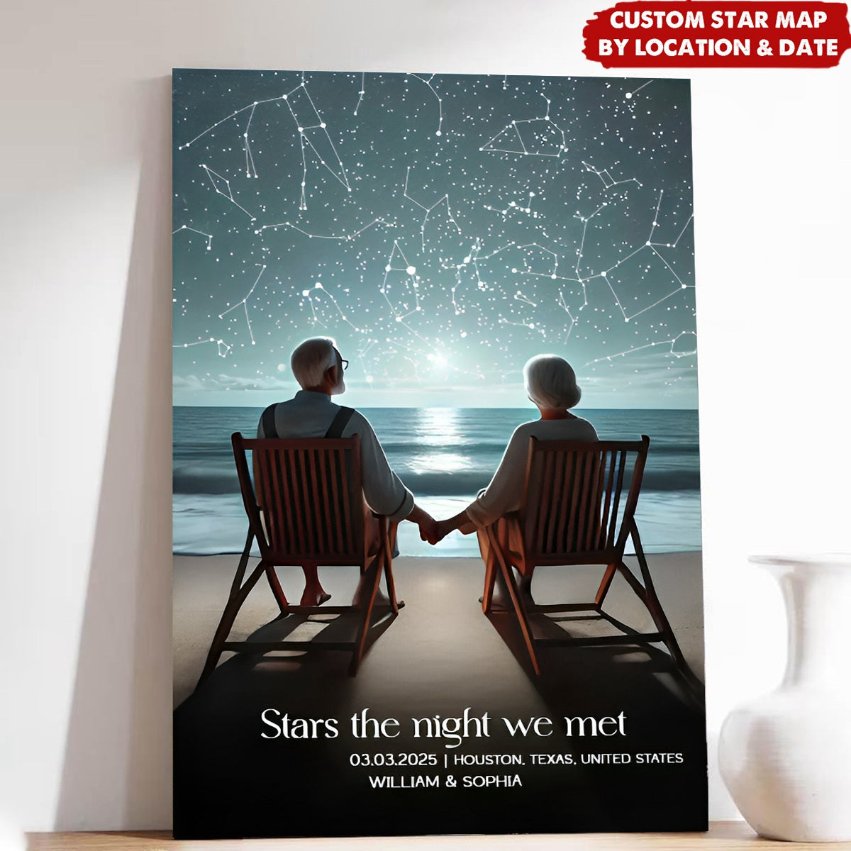 Romantic Beach Landscape Old Couple - Personalized Couple Star Map Poster
