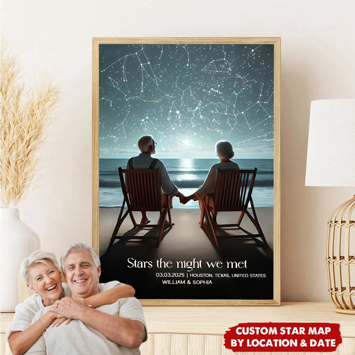 Romantic Beach Landscape Old Couple - Personalized Couple Star Map Poster