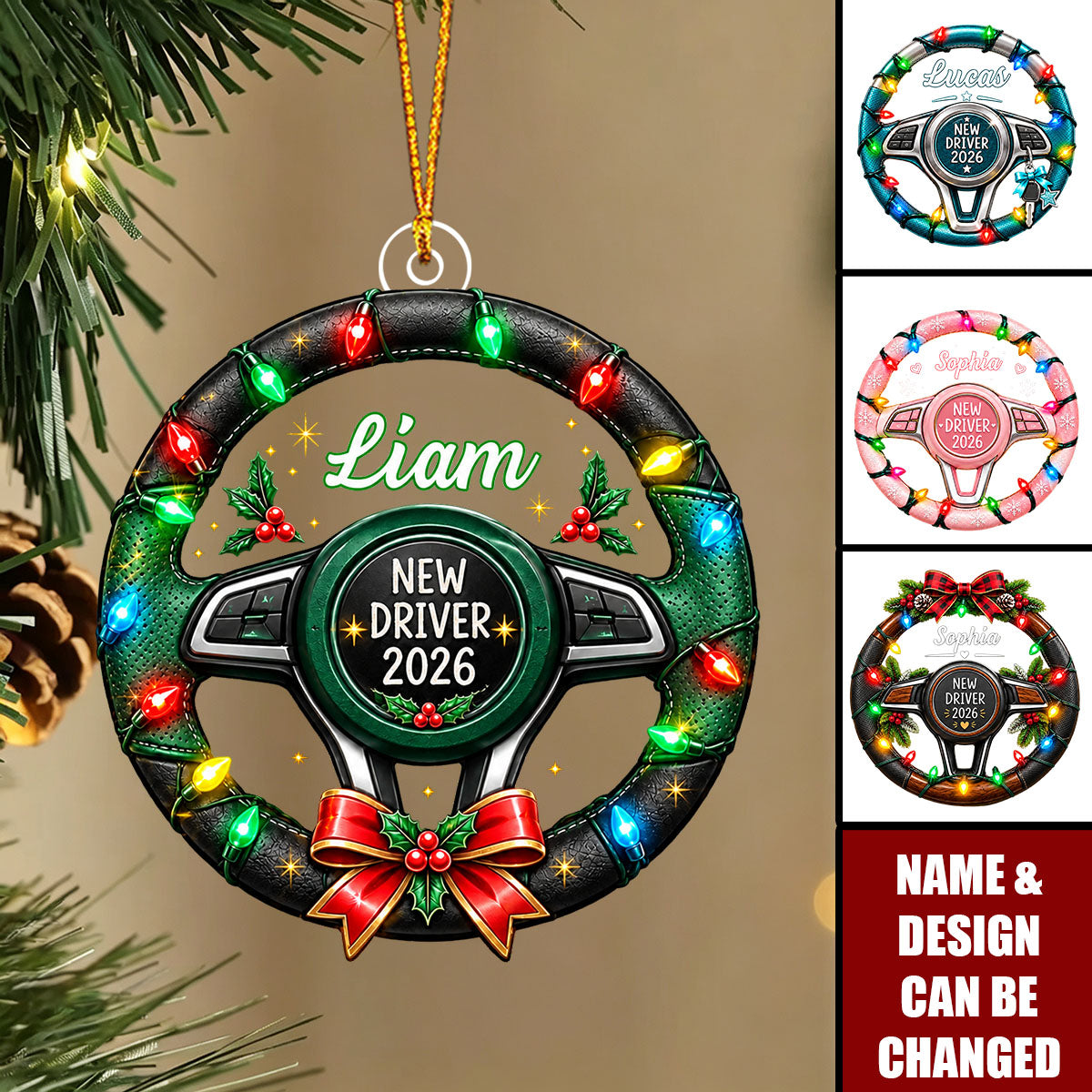 Personalized Rookie Driver Ornament, Custom Name Steering Wheel Christmas Ornament