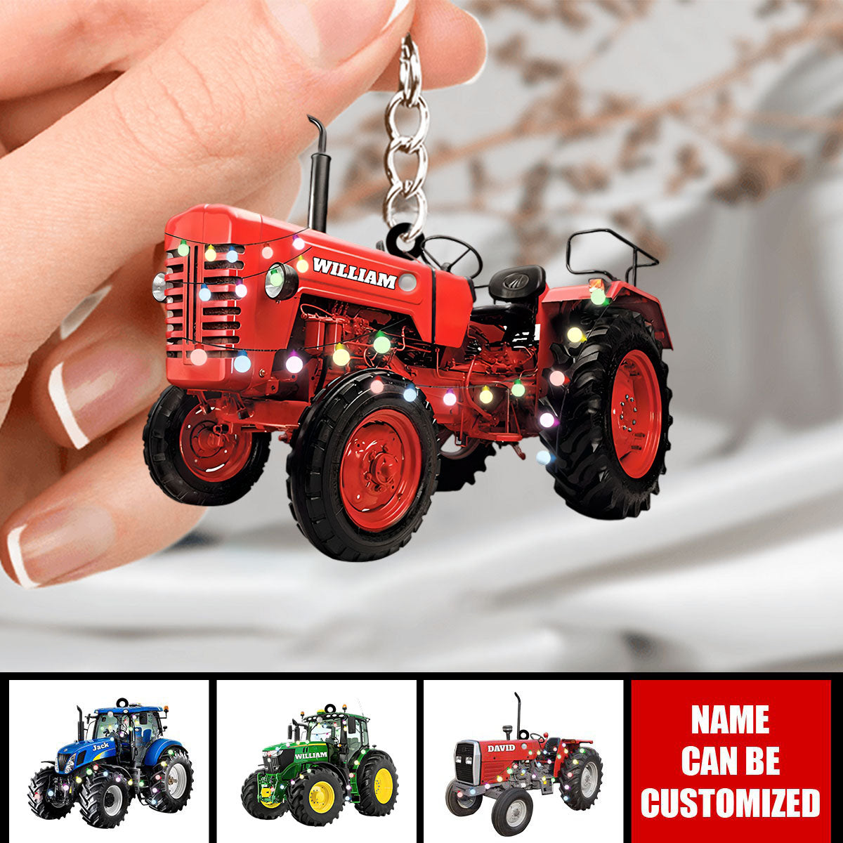 Farmer Tractor With Christmas Light Personalized Keychain