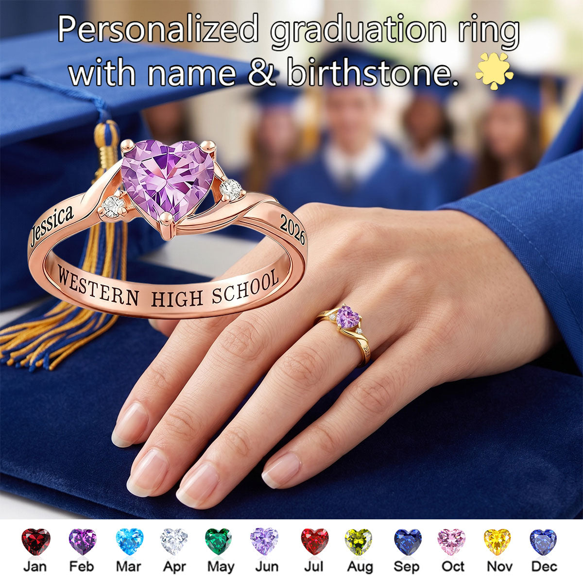 Personalized High School Graduation Ring with Name & Birthstone Engraving