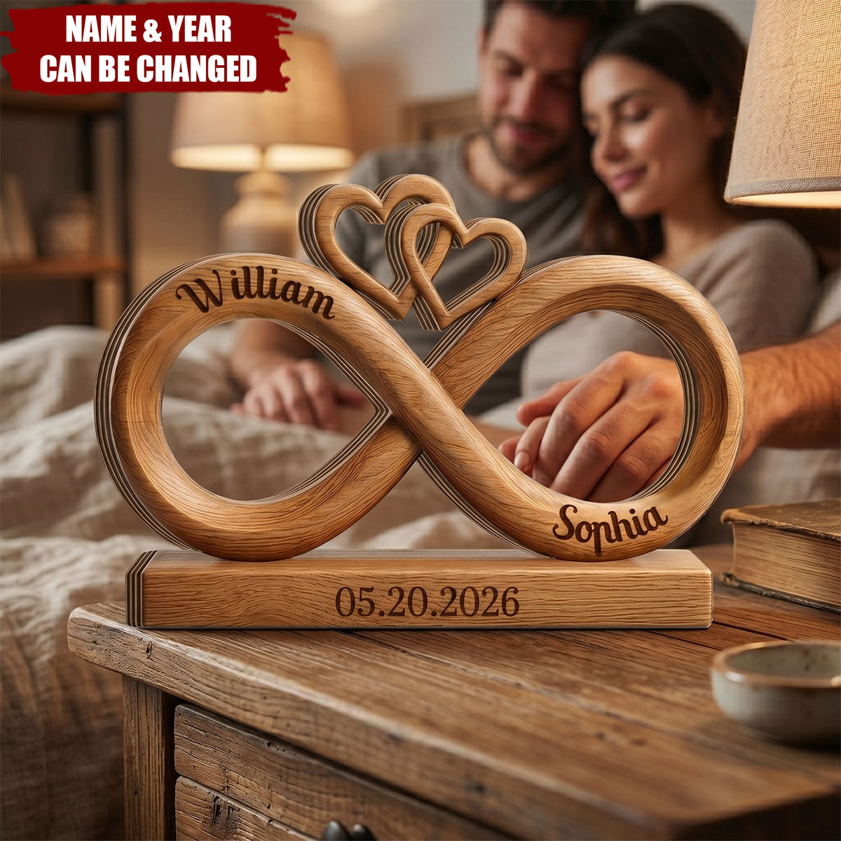 Personalized Infinity Heart Wooden Block: Custom Couple Names Anniversary Desk Sign