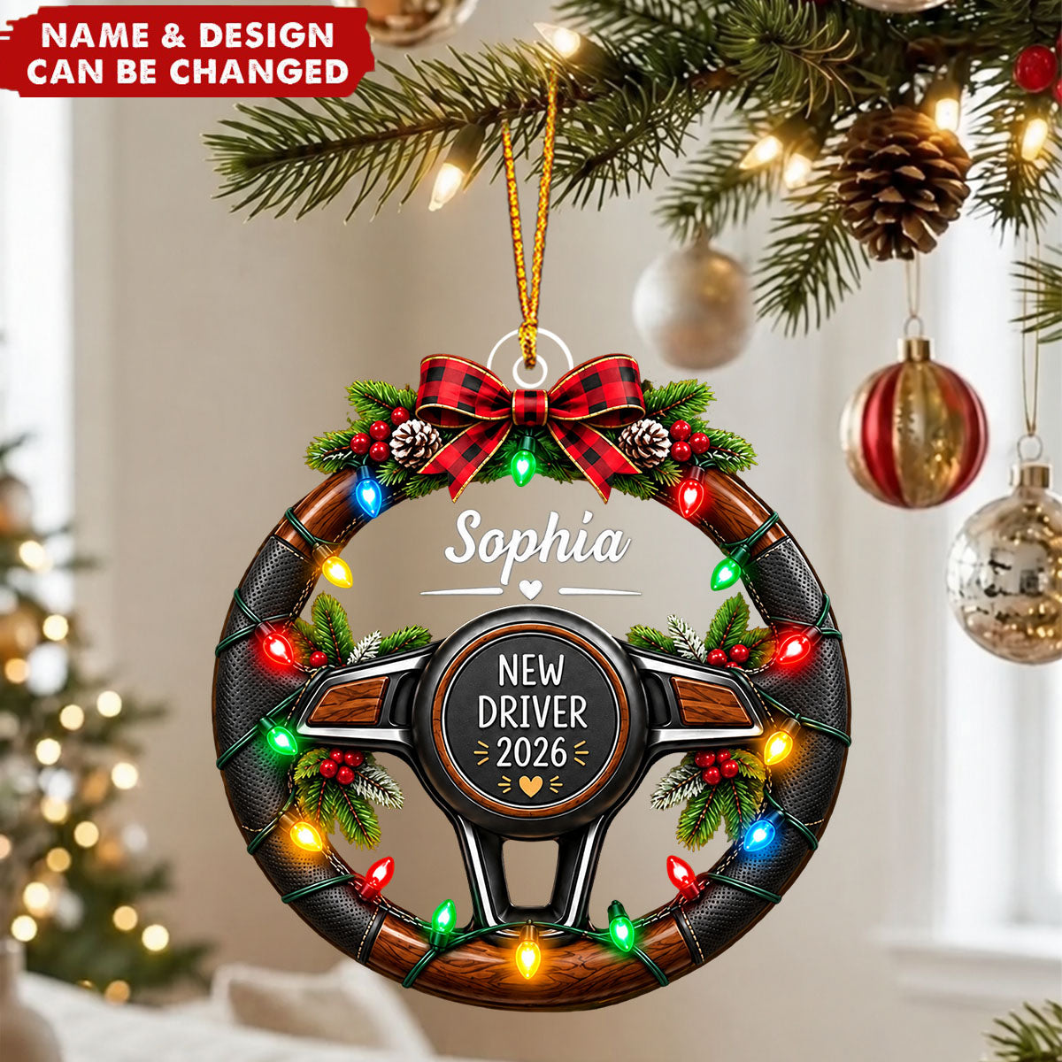 Personalized Rookie Driver Ornament, Custom Name Steering Wheel Christmas Ornament