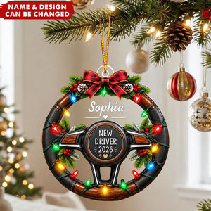 Personalized Rookie Driver Ornament, Custom Name Steering Wheel Christmas Ornament