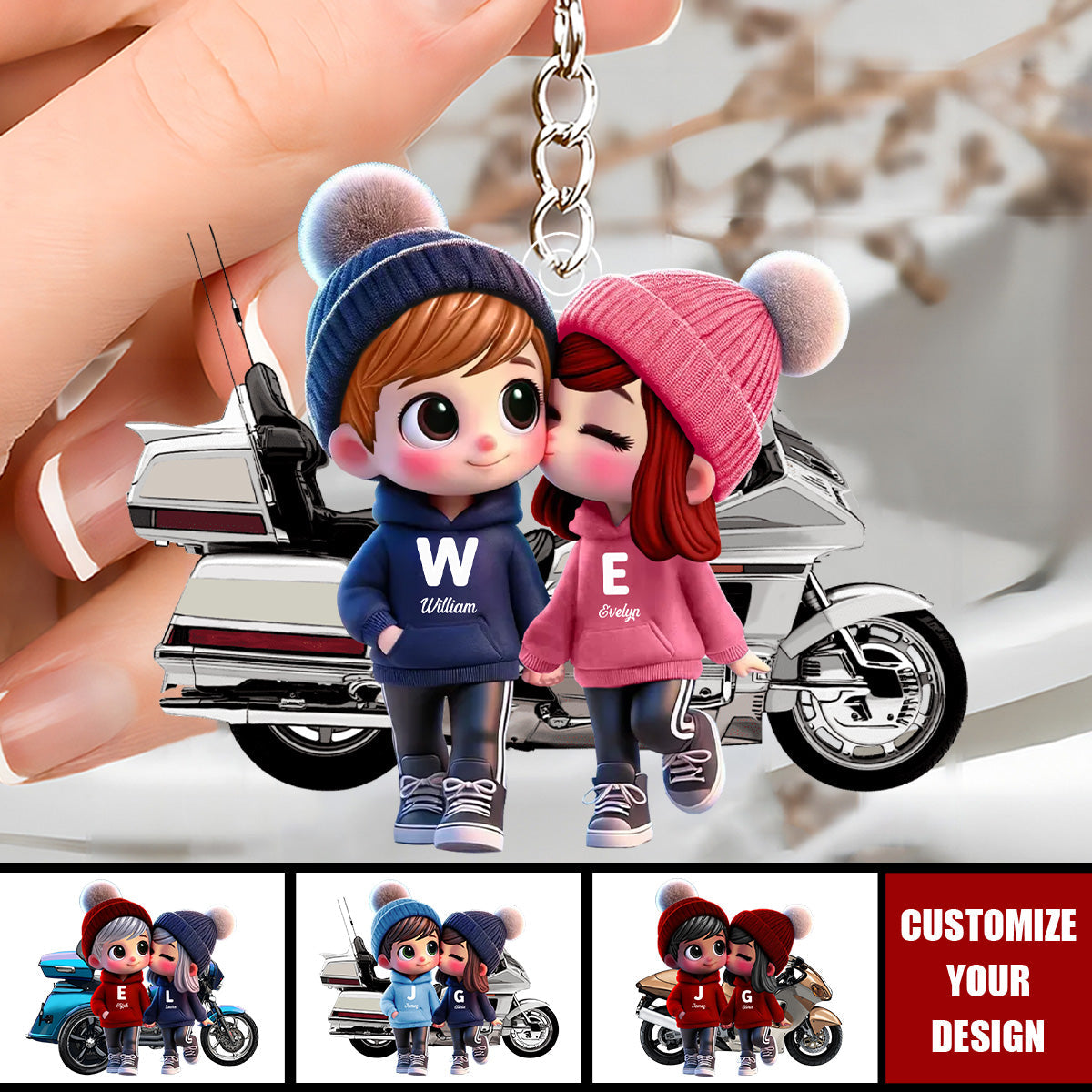 Cute Cartoon Couple With Motorcycle - Personalized Acrylic Keychain, Valentine's Day Gift For Him, For Her