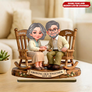 Eternal Love Couple On Rocking Chairs Growing Old Together - Personalized 2-Layered Wooden Plaque