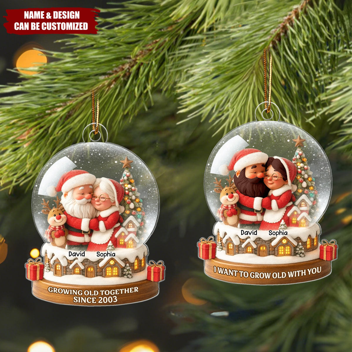 Snow Globe Santa Couple Growing Old Together - Personalized Acrylic Ornament