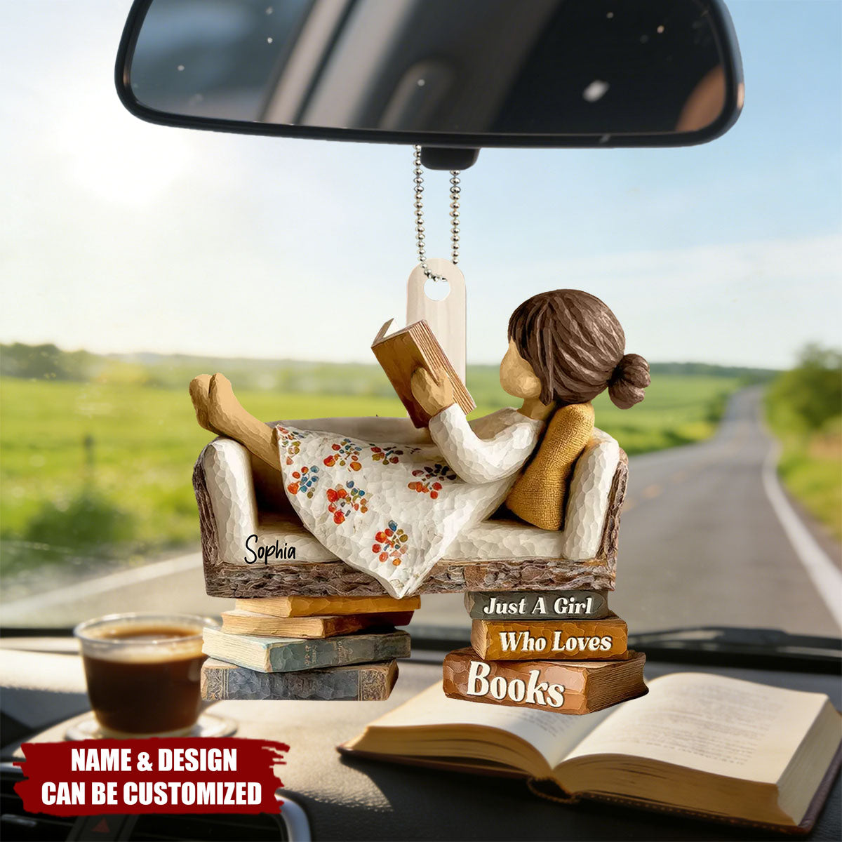 Man Woman Reading Book On Sofa - Personalized Wooden Car Ornament, Gift For Book Lover, Bookworm