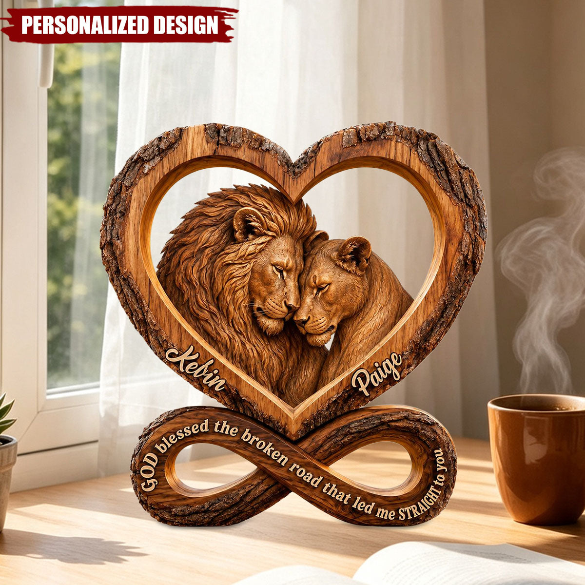 Personalized Lion Couple Heart Infinity Wooden Plaque - Faith Quote Couple Tabletop Decor