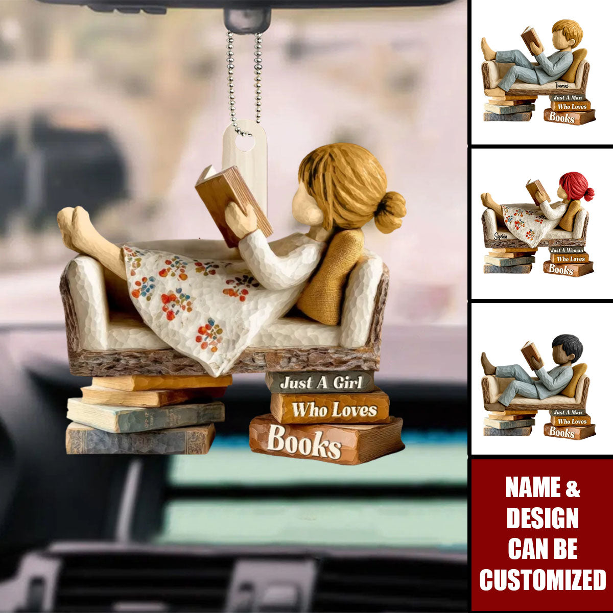 Man Woman Reading Book On Sofa - Personalized Wooden Car Ornament, Gift For Book Lover, Bookworm