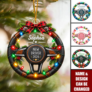 Personalized Rookie Driver Ornament, Custom Name Steering Wheel Christmas Ornament