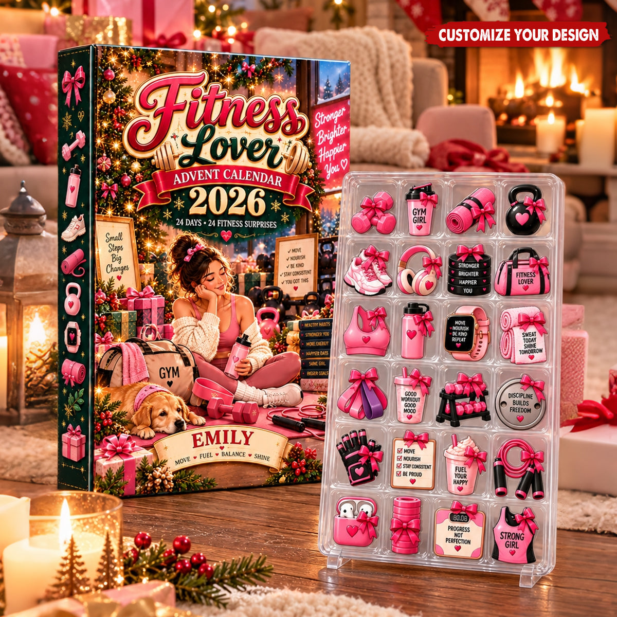 Personalized Fitness Advent Calendar, 24 Gym Charms, Fitness Girl Advent Box