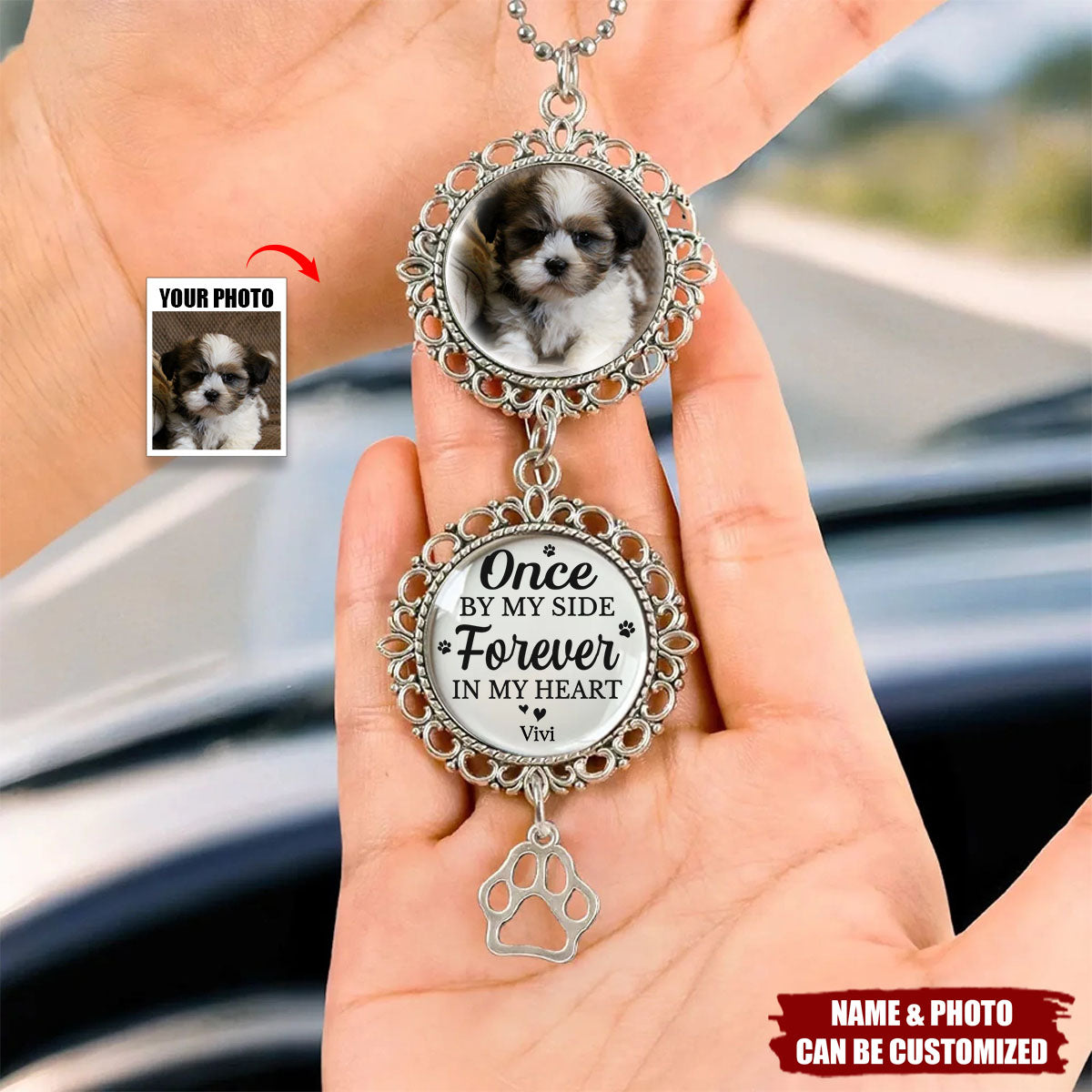 Once By My Side Forever In My Heart - Memorial Personalized Photo Metal Car Hanging Ornament With Charm