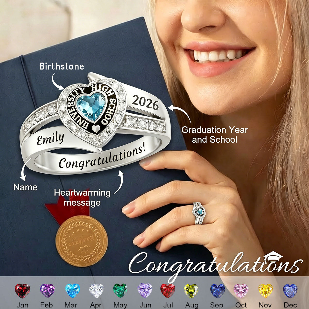 Every end is a new beginning - Personalized Birthstone Ring, Gift for Graduation