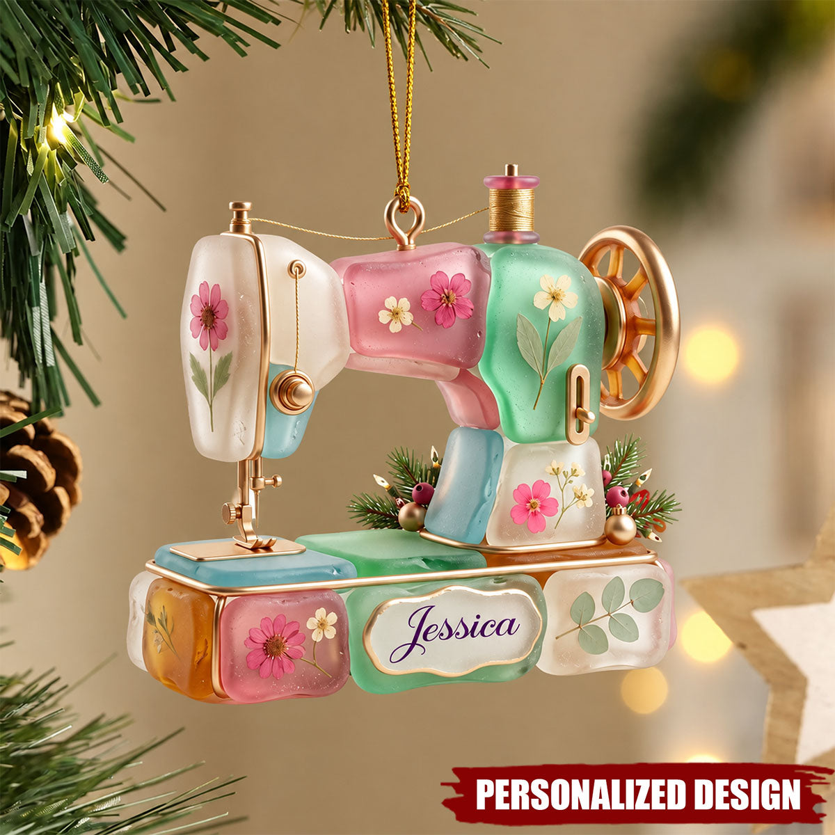Personalized Sea Glass Sewing Machine Ornament , Vintage Sewing Machine Tree Decor