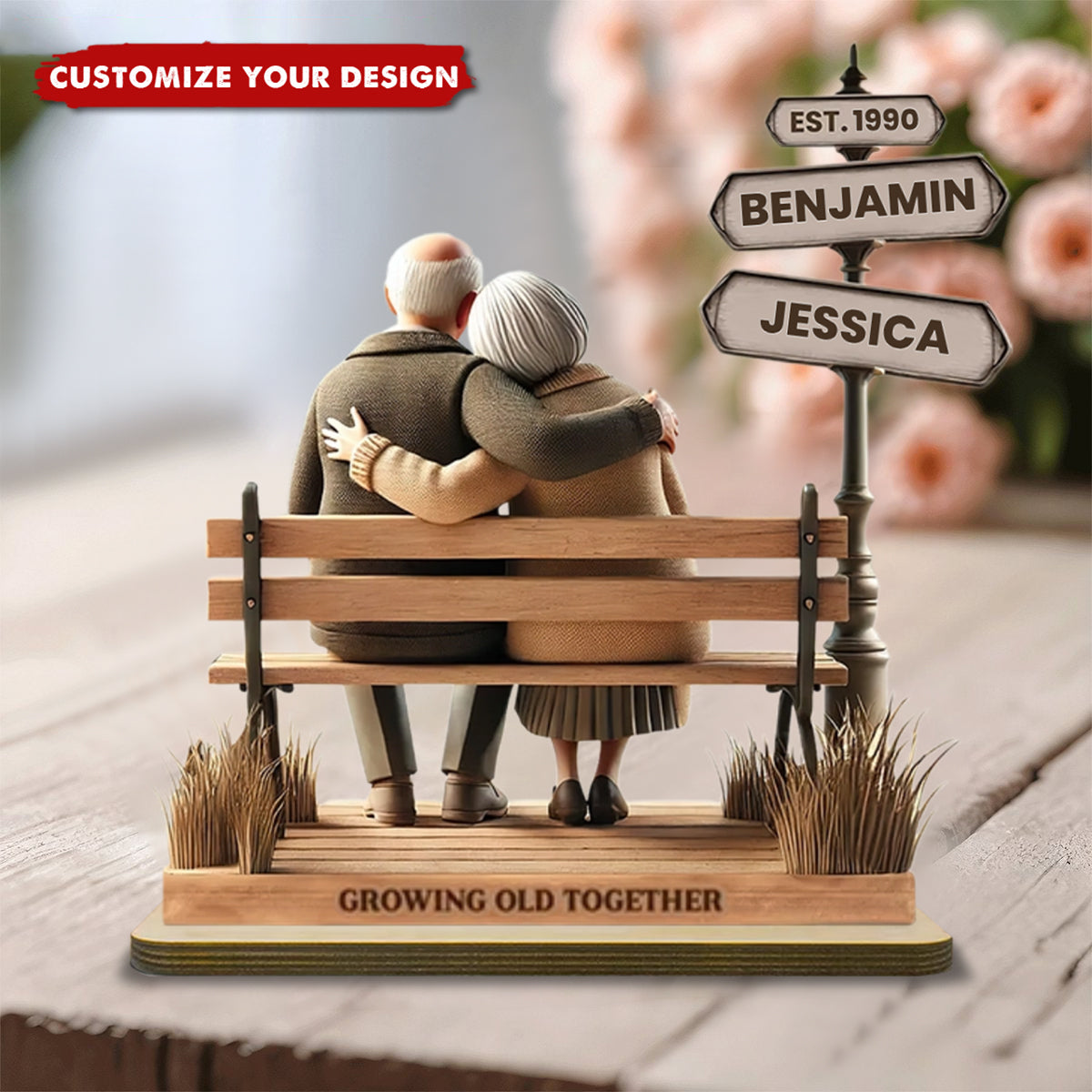 Old Couple Street Romantic Bench Scene - Personalized Standing Wooden Plaque