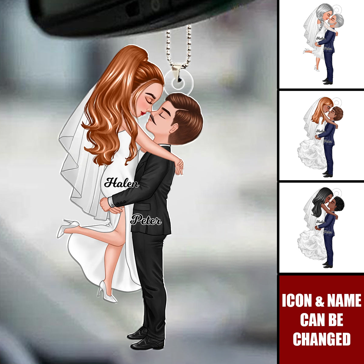 Groom & Bride Hugging Kissing Couple Acrylic Car Ornament,  Anniversary Valentine Wedding Gift For Her For Him