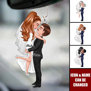 Groom & Bride Hugging Kissing Couple Acrylic Car Ornament,  Anniversary Valentine Wedding Gift For Her For Him