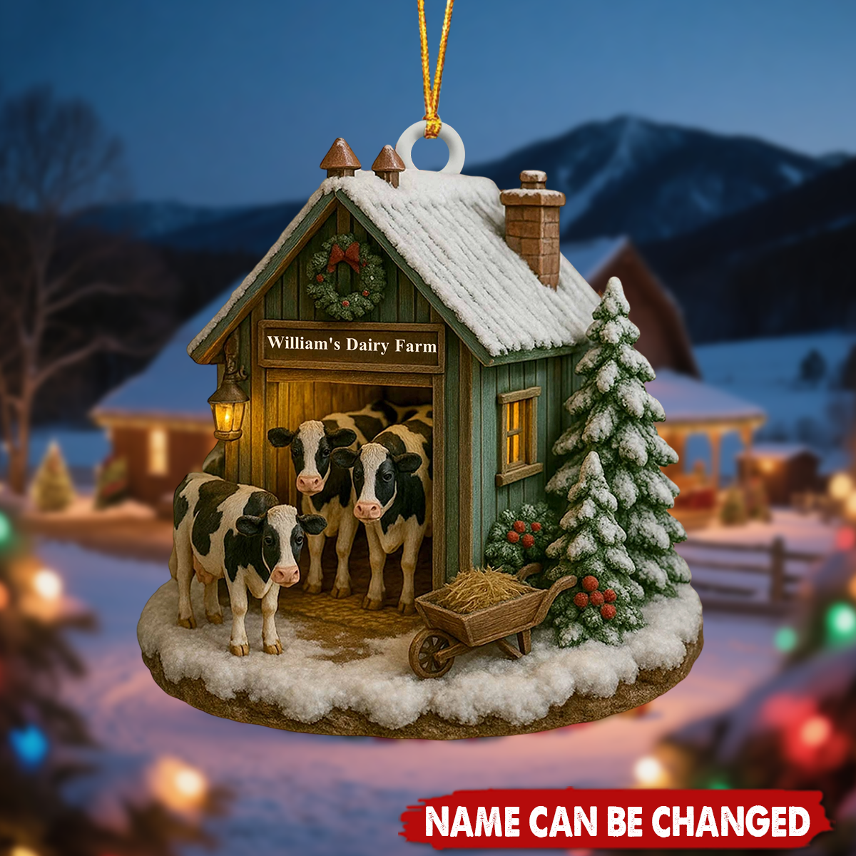 Cozy Winter Scene At Fred's Dairy Farm - Personalized Wooden Ornament, Gift For Farm Enthusiasts