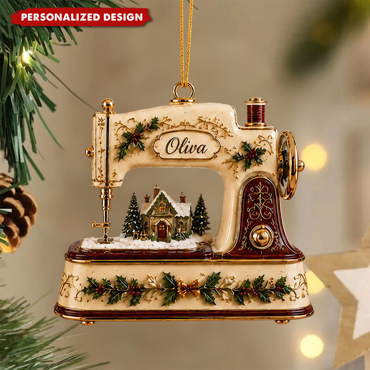 Personalized Vintage Sewing Machine Christmas Ornament, Custom Name Seamstress Ornament