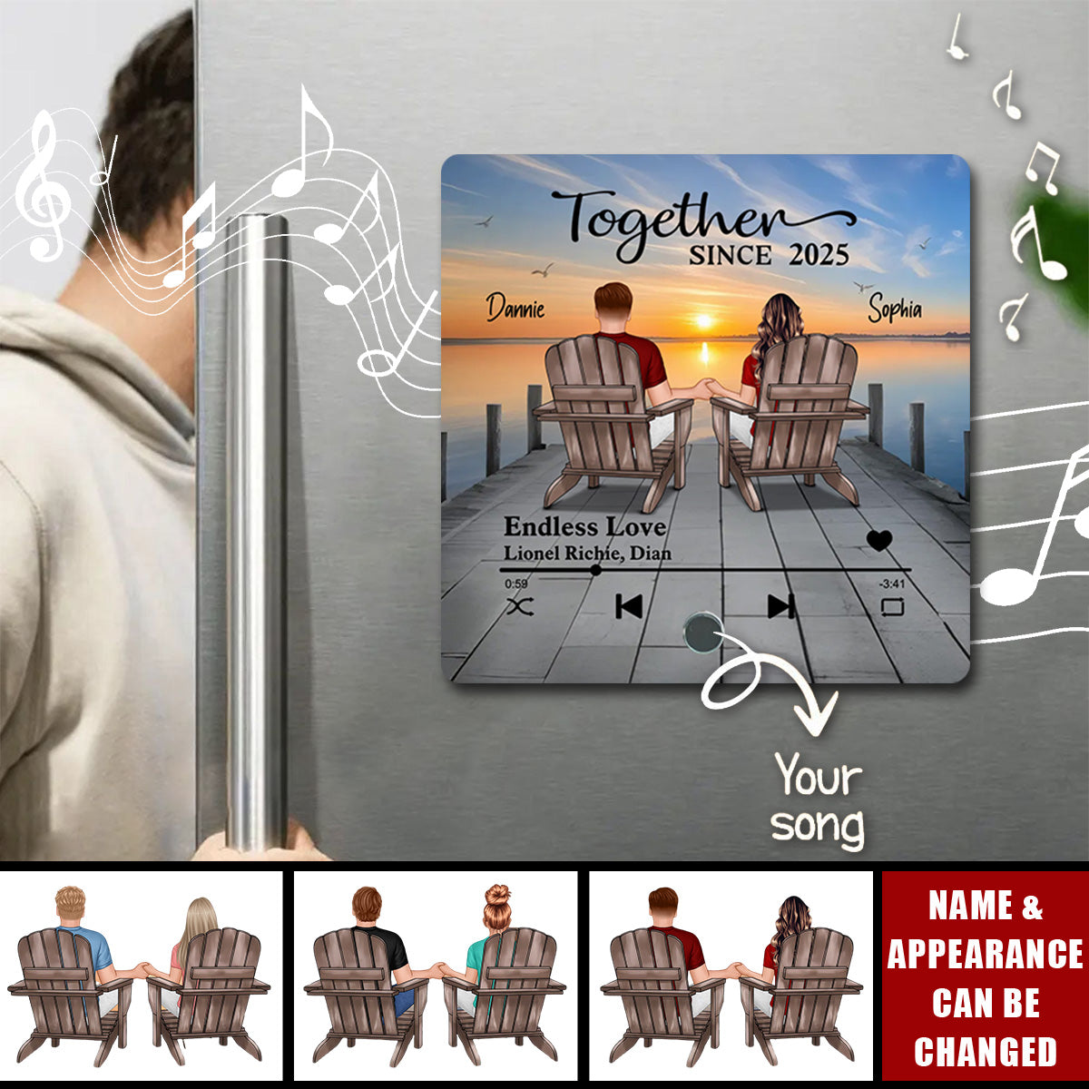 Eternal Love Couple Sitting On The Lake Dock Personalized Music Fridge Magnet