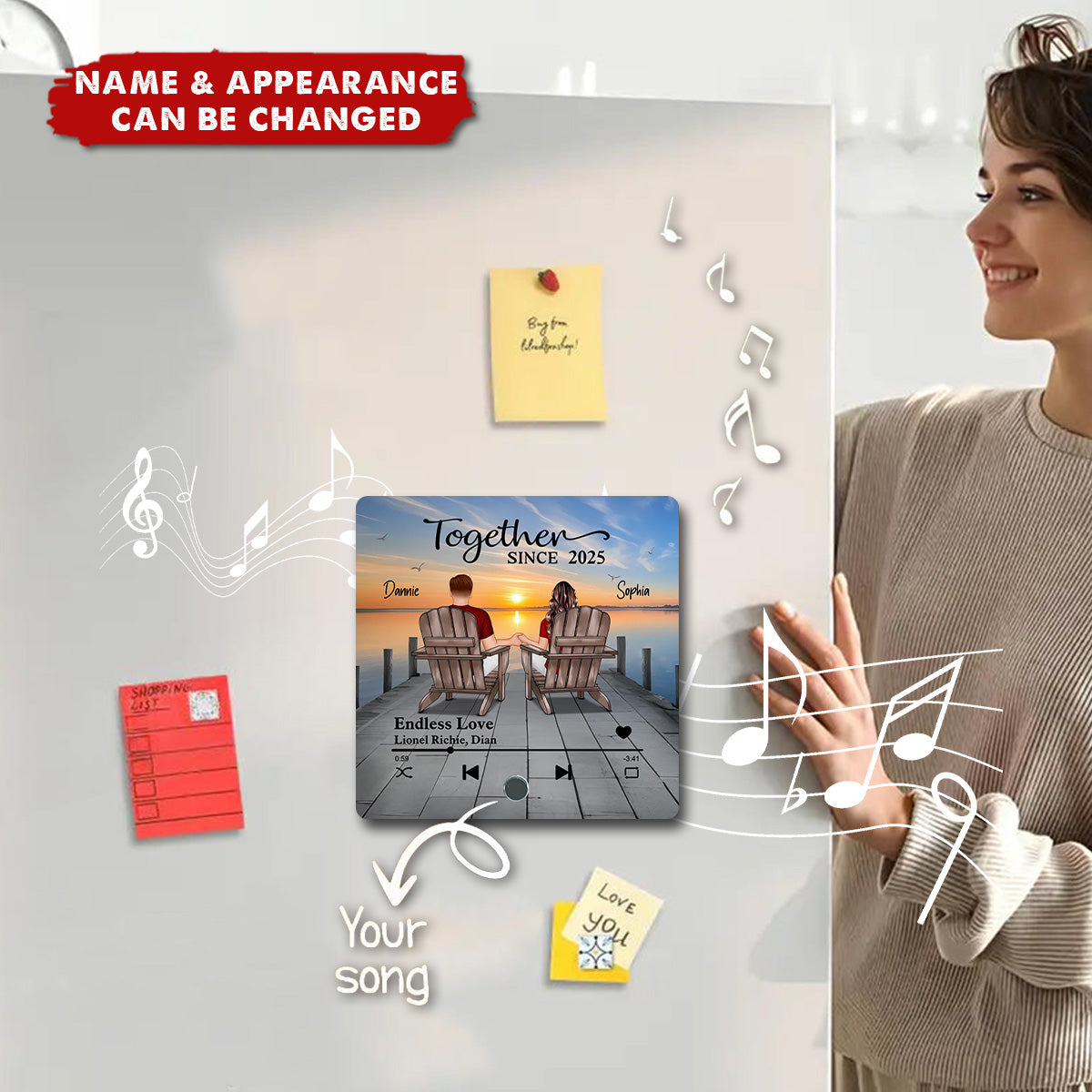 Eternal Love Couple Sitting On The Lake Dock Personalized Music Fridge Magnet