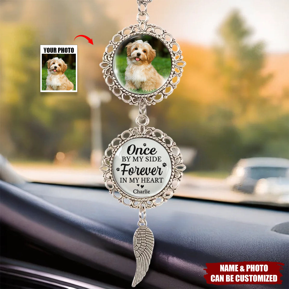 Once By My Side Forever In My Heart - Memorial Personalized Photo Metal Car Hanging Ornament With Charm
