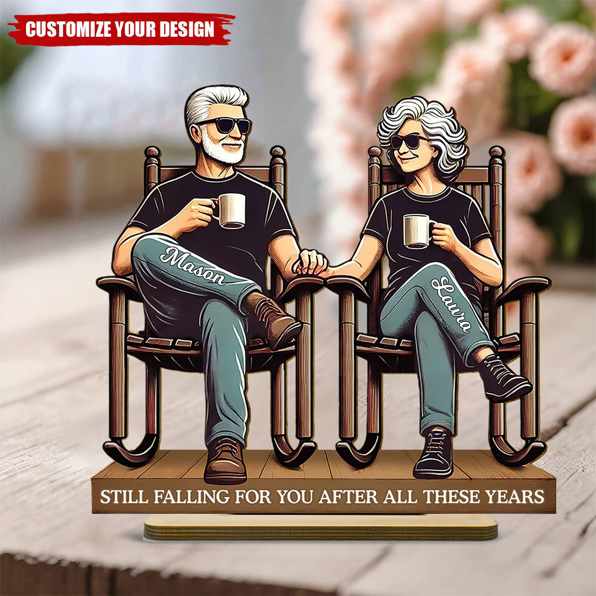 Old Couple Sitting On Front Porch - Personalized Standing Wooden Plaque