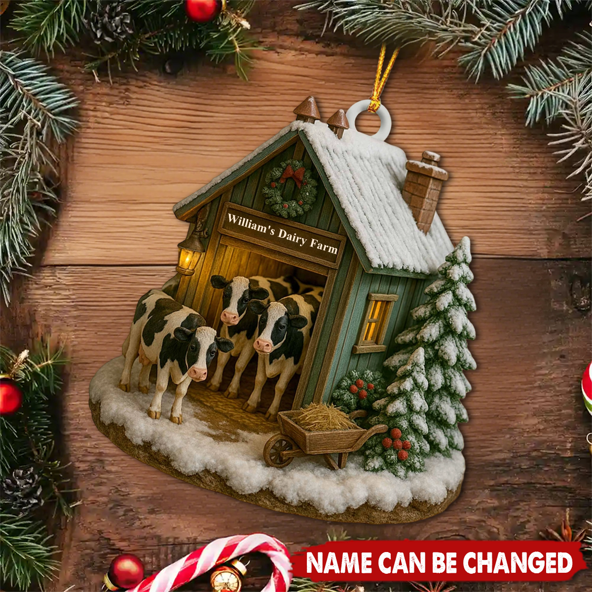 Cozy Winter Scene At Fred's Dairy Farm - Personalized Wooden Ornament, Gift For Farm Enthusiasts