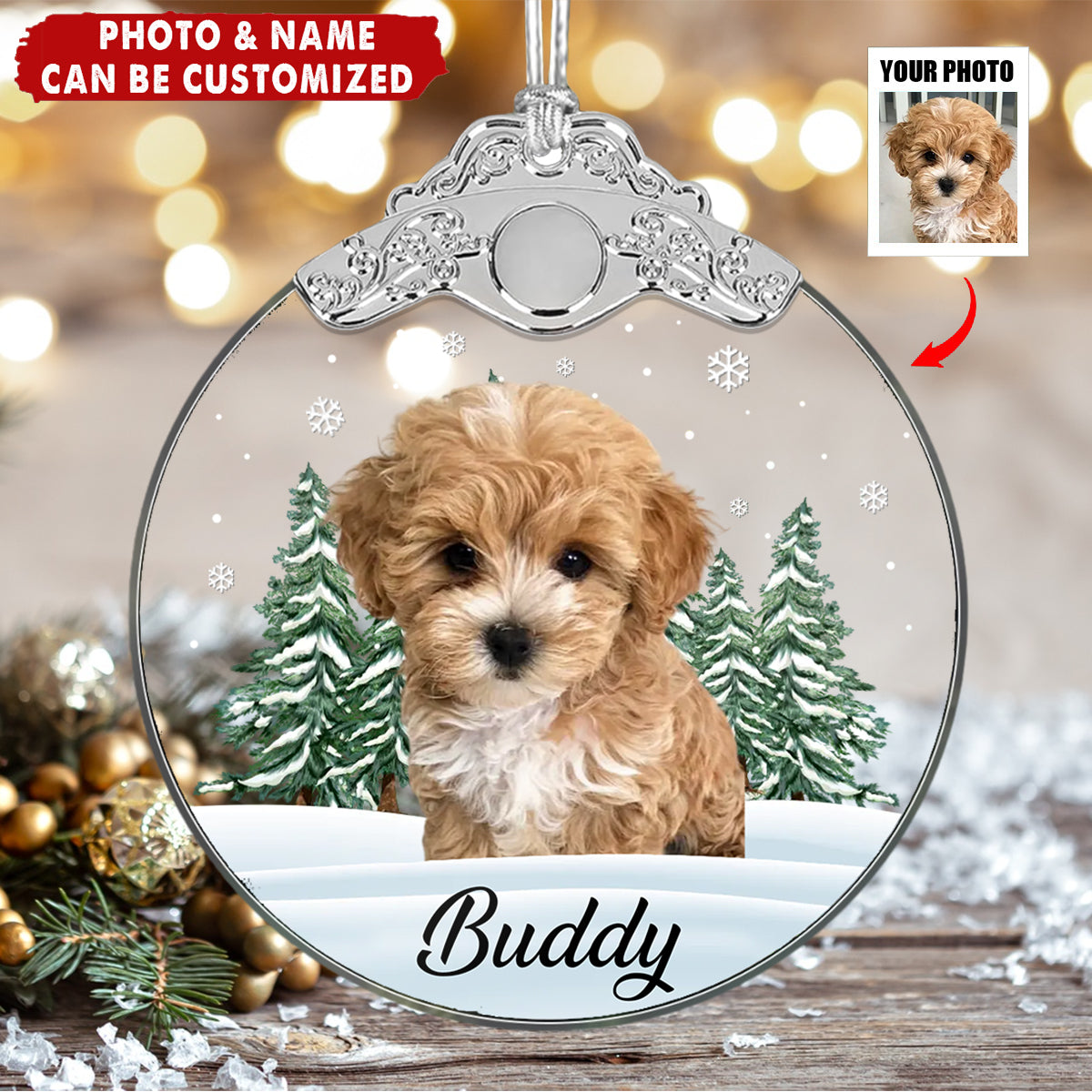 Custom Photo Always In My Heart - Personalized Pet Christmas Memorial Glass Ornament
