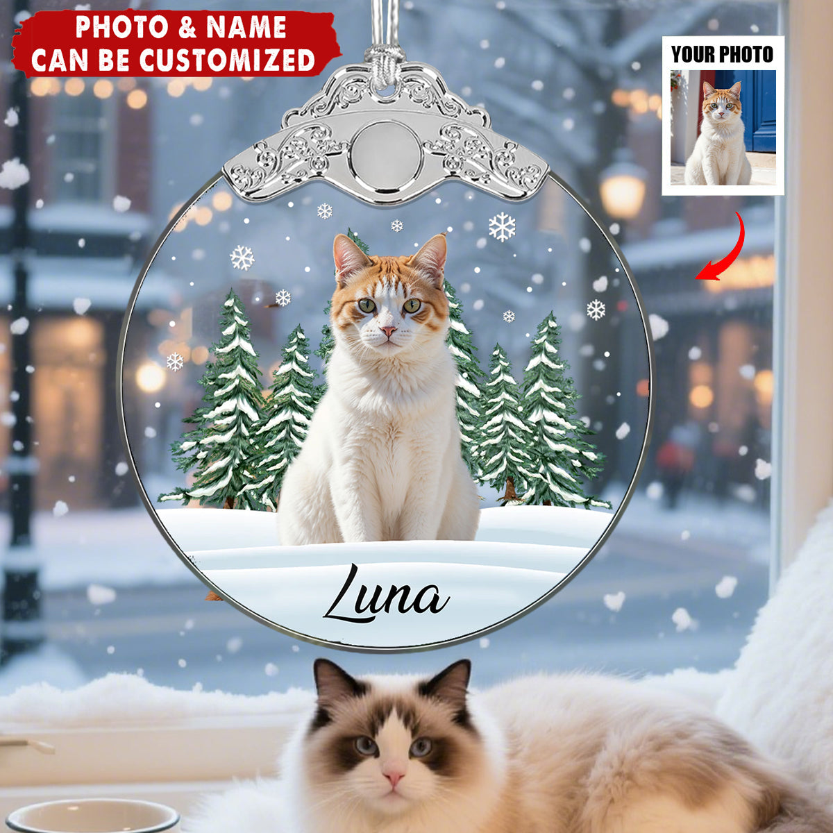 Custom Photo Always In My Heart - Personalized Pet Christmas Memorial Glass Ornament