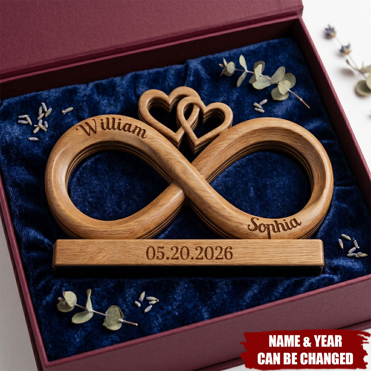Personalized Infinity Heart Wooden Block: Custom Couple Names Anniversary Desk Sign