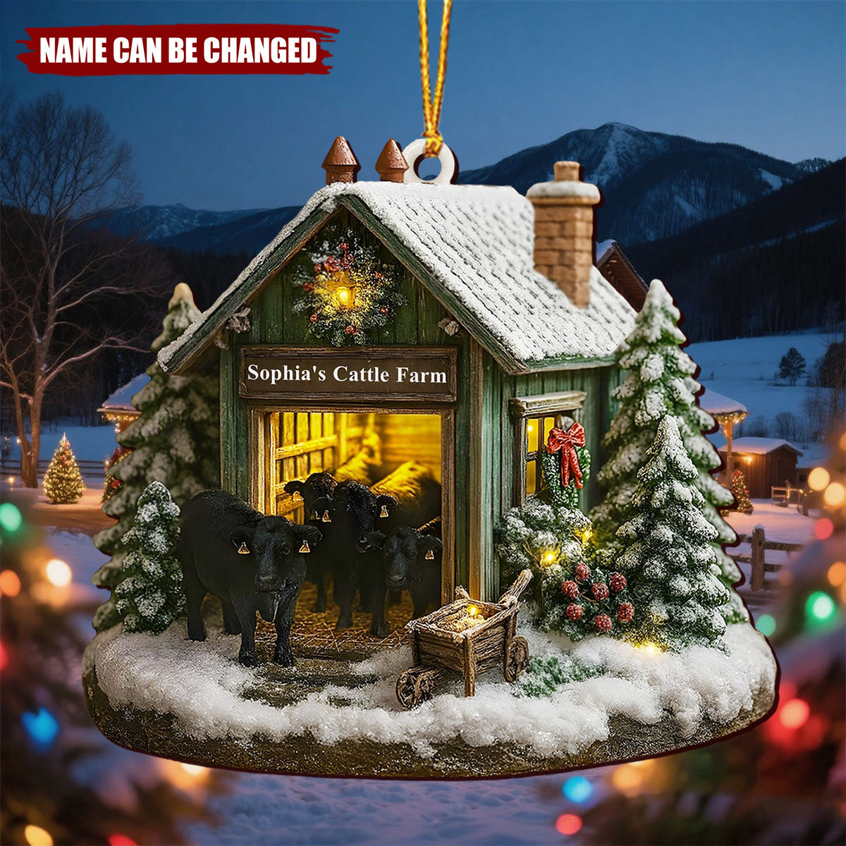 Personalized Farmhouse Christmas Barn and Cattle - Personalized Wooden Ornament