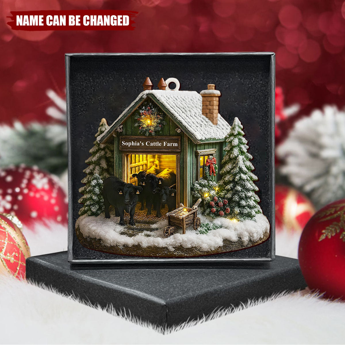 Personalized Farmhouse Christmas Barn and Cattle - Personalized Wooden Ornament